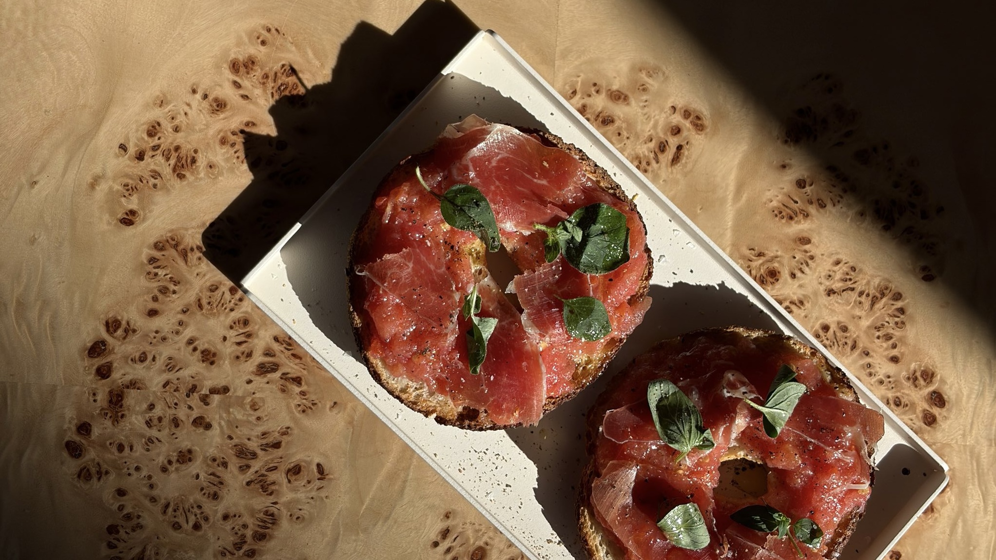Smoked salmon bagels with a slice of lemon